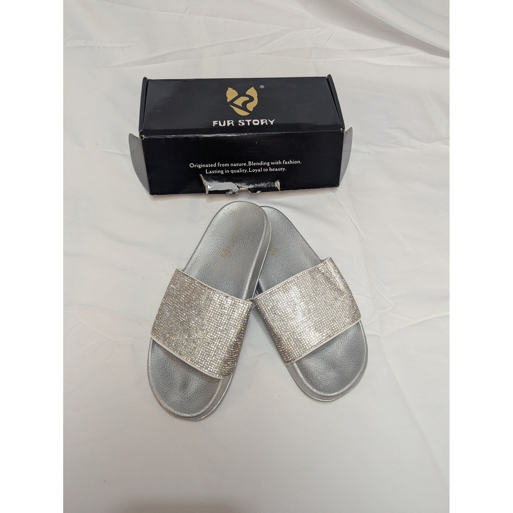 Fur Story Rhinestone Slides Womens Size 8 Silver Sparkly Glam Sandals FS20S02